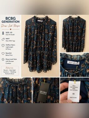 BCBG Generation Dress-Look Romper XS NWT Blue Boho Chiffon Long Sleeve
